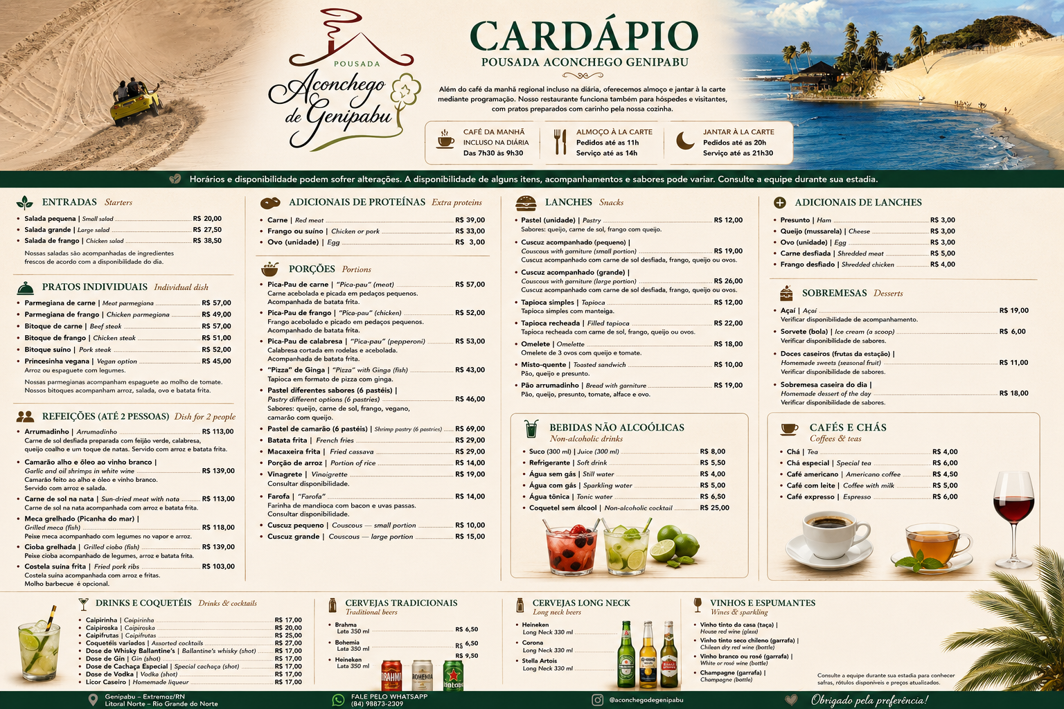Cardápio oficial da Pousada Aconchego Genipabu com todas as categorias e preços