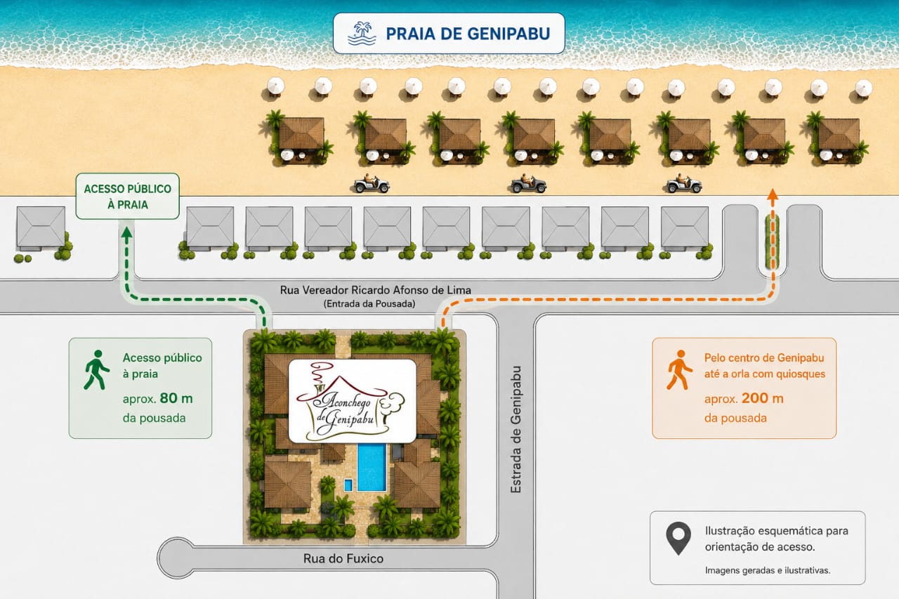Ilustração esquemática dos acessos da Pousada Aconchego Genipabu à Praia de Genipabu